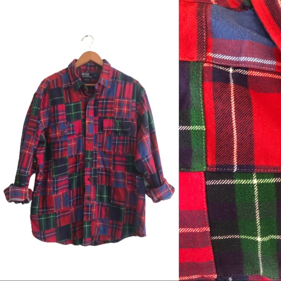 Vtg Rare Polo Ralph Lauren Patchwork Tartan Plaid Flannel Workshirt XXL 2XL - Picture 3 of 15